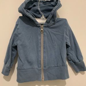 Mini Mioche zip up blue hoodie. 100% organic cotton. Size 3-6 months.